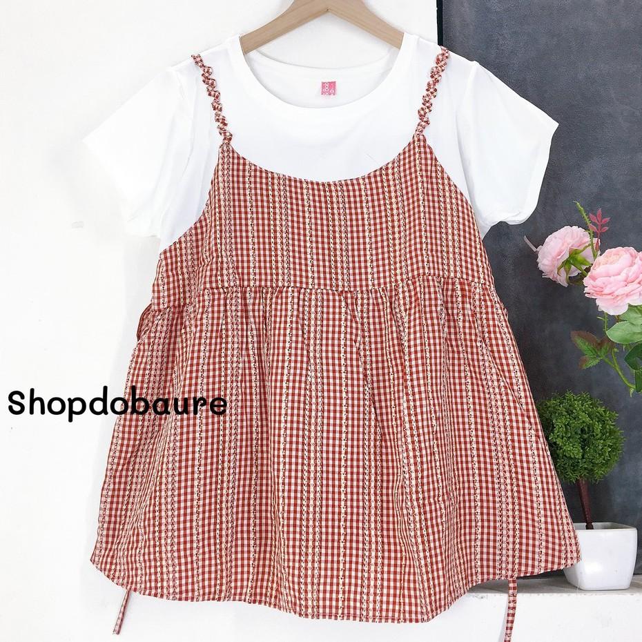 Áo Bầu công sở Cộc Tay, dáng baby doll giả yếm, chất mềm mịn thoáng mát cho Mùa Hè