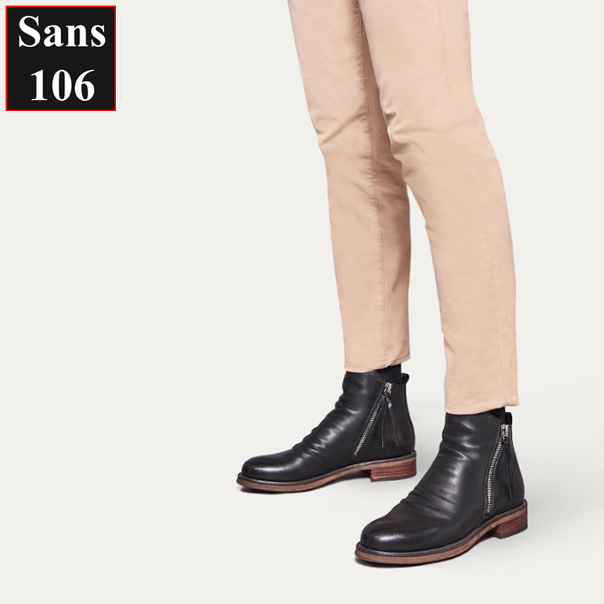 Giày nam cao cổ khóa kéo Sans106 da bò thật bigsize lớn 48 47 46 45 44 43 giầy boot tăng chiều cao bốt độn đế 6cm