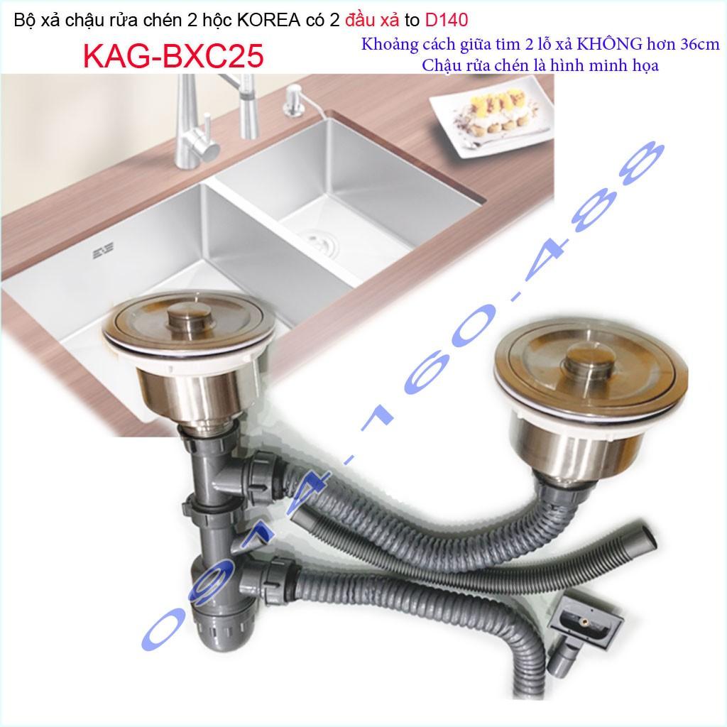 Bộ xả chậu rửa chén bát 2 hộc lớn KAG-BXC25 lỗ xả lớn D140, trọn bộ xả bồn rửa chén bát 2 hộc lớn lỗ thoát D140