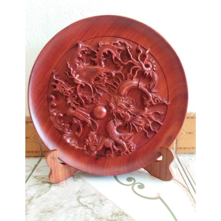 Tranh đĩa tứ linh gỗ hương kt 28cmx28cmx32cm