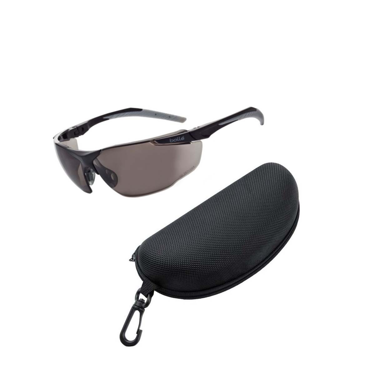 Kính bảo hộ BOLLE 1653602A Universal Safety Smoke Glasses Anti-Scratch/Anti-Fog Len (Tròng Khói. Gọng Đen phối Xám, Chống Trầy Xước, Chống Sương Mù), (tặng kèm hộp đựng kính)