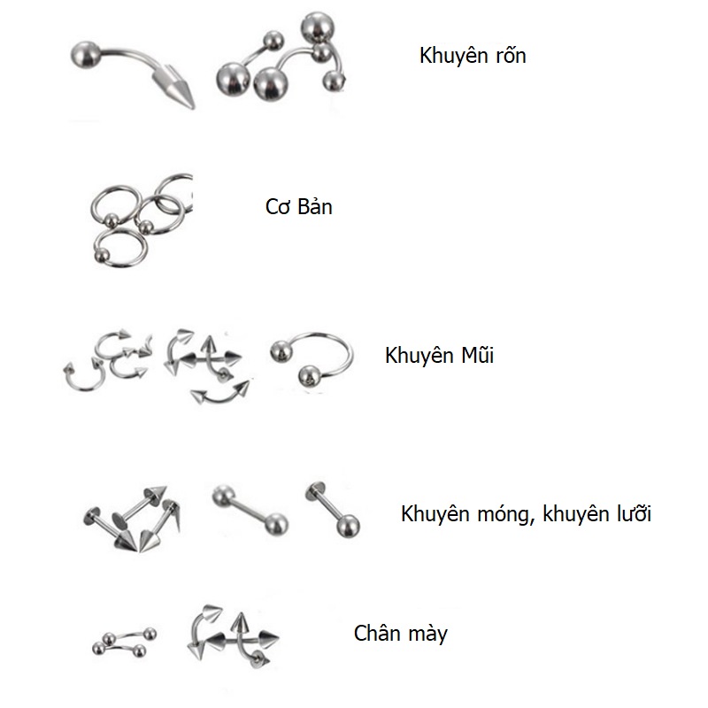 Set 85 khuyên tai, môi, mũi, rốn thép titan 316l không rỉ
