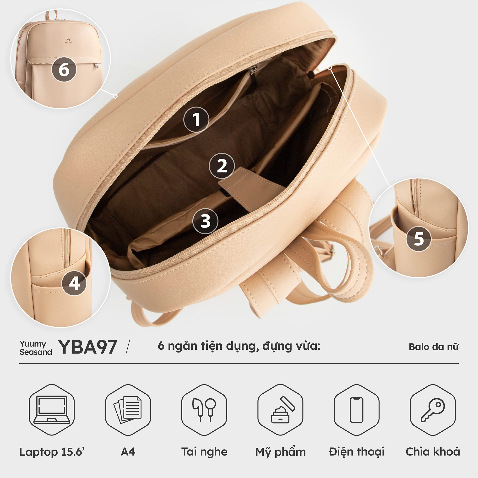 Balo Yuumy ( Thời trang nữ trẻ trung tiện dụng vừa A4 - Balo da Seasand YBA97 )