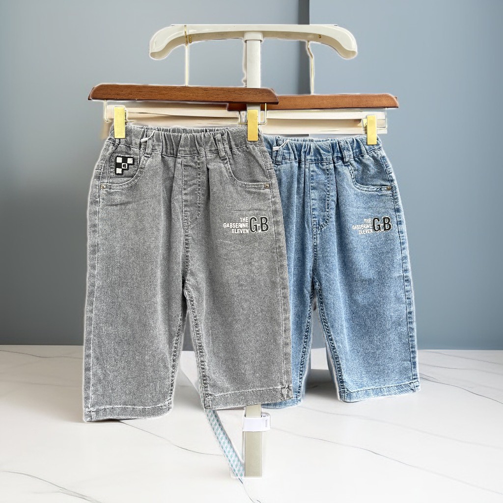 Quần bò bé trai lửng size đại, Quần jean trẻ em 7-12 tuổi in chữ G.B vải mềm mại khỏe khắn thời trang