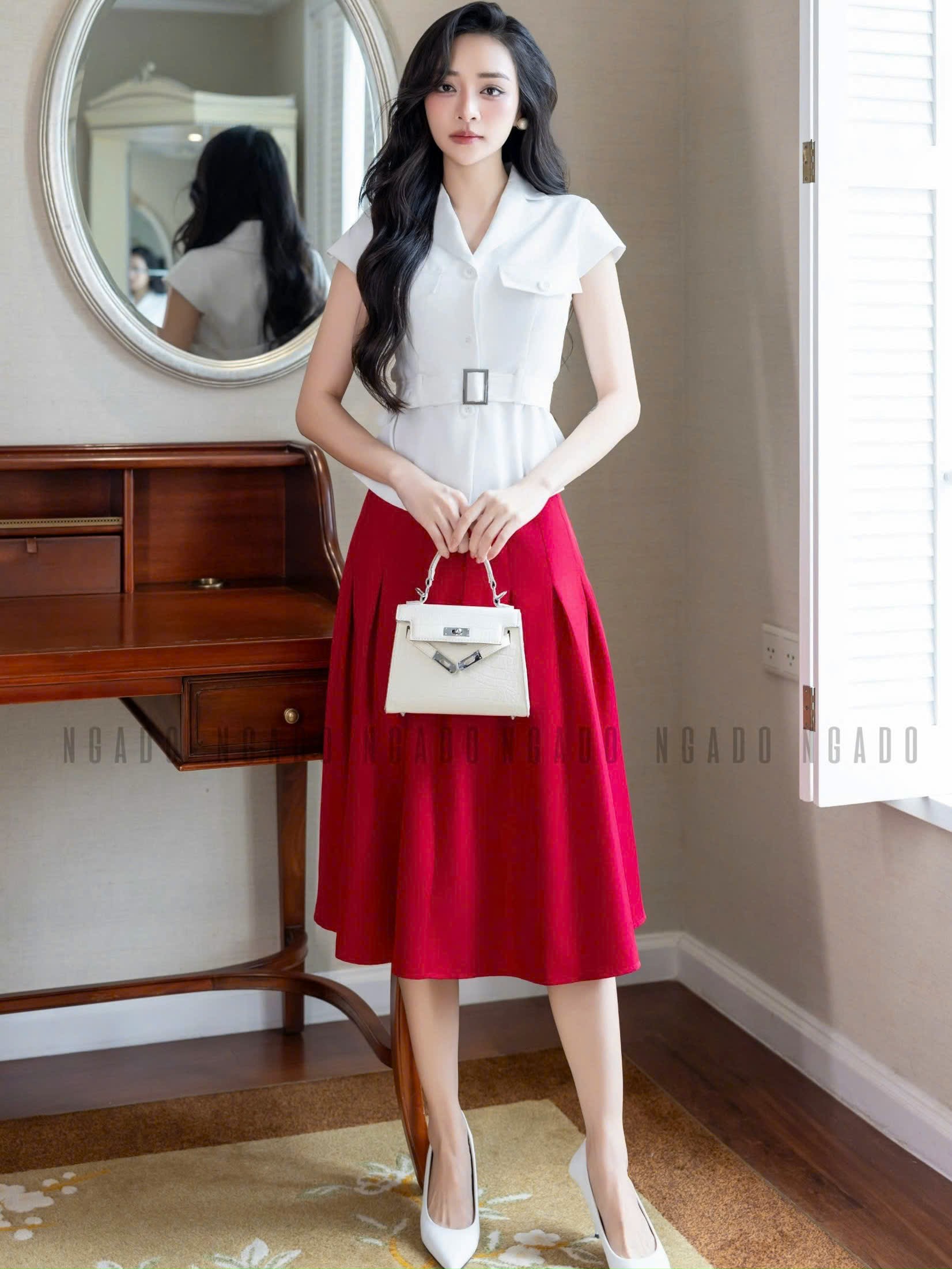 Set áo váy vest trắng đỏ NGADO , set áo váy vest , set công sở