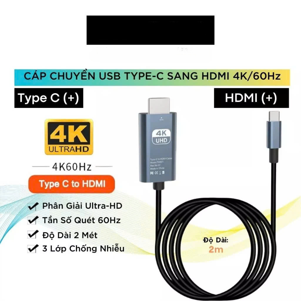 Dây Cáp Chuyển Đổi USB Type C To HDMI 4K 60Hz Dài 1.8M - Hàng Nhập Khẩu