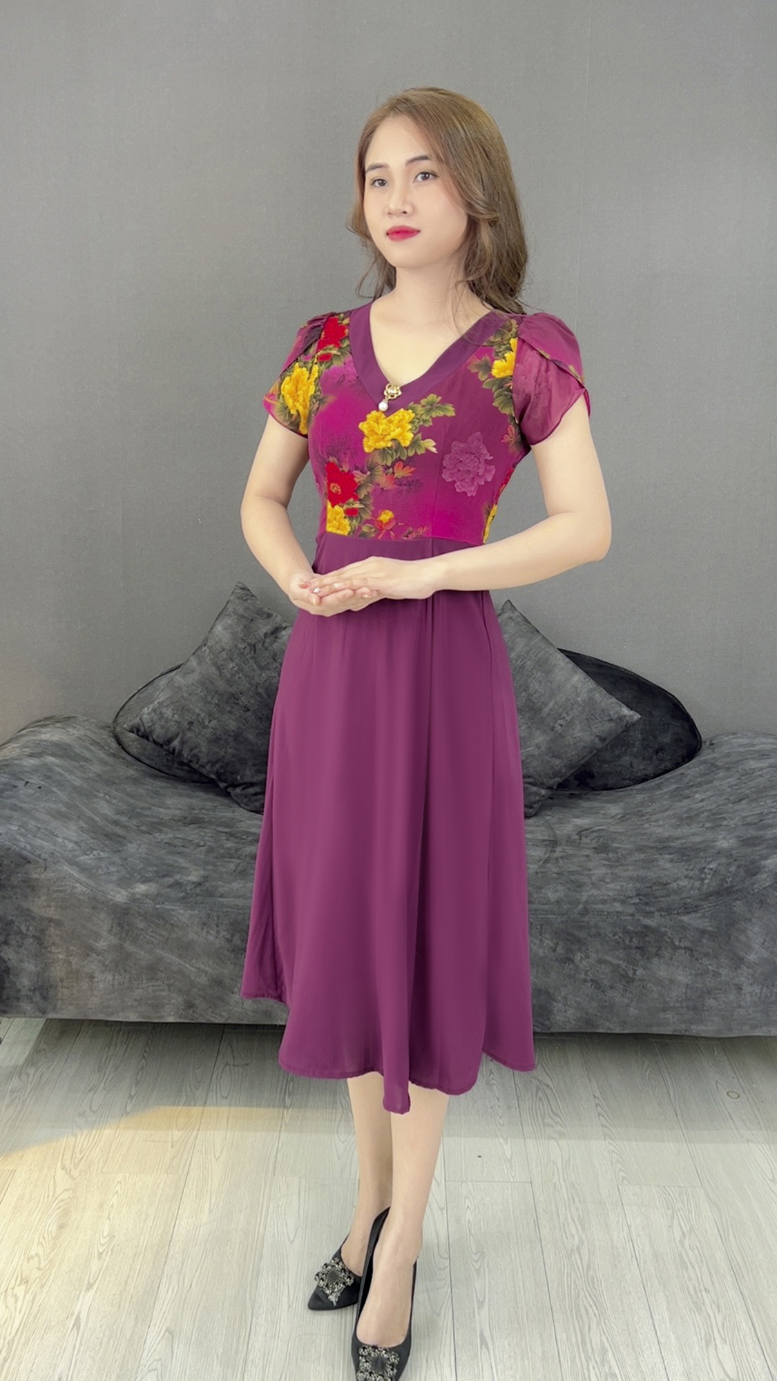 Đầm Hoa Trung Niên [ Linh Trà ] (TM 435) Vải Voan Chiffon Đi Chơi Đi Tiệc Quý Phái Sang Chảnh