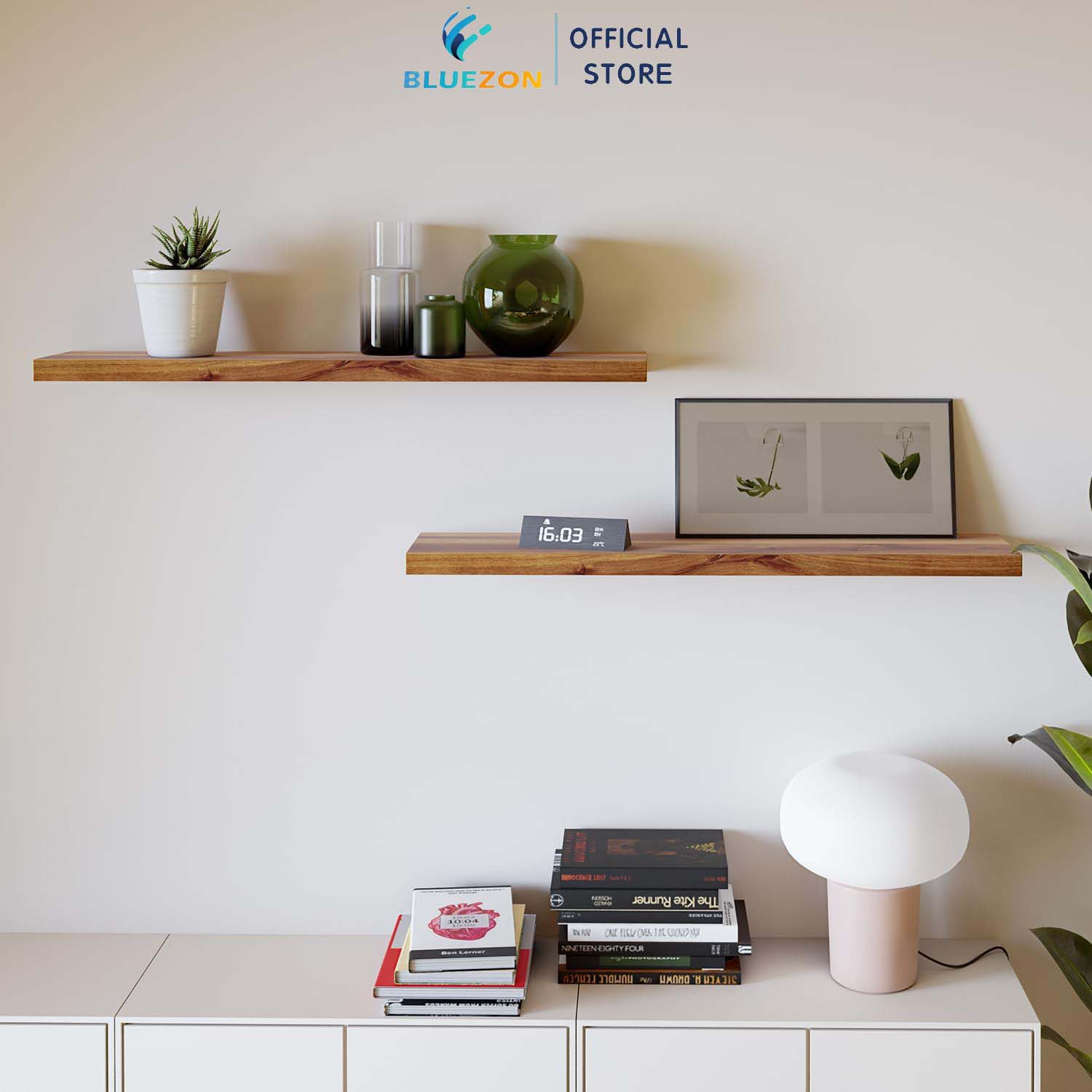 Combo 2 kệ gỗ BLUEZON treo tường trang trí 91.5cm, kèm chốt âm tường chữ U, phụ kiện vít tắc kê