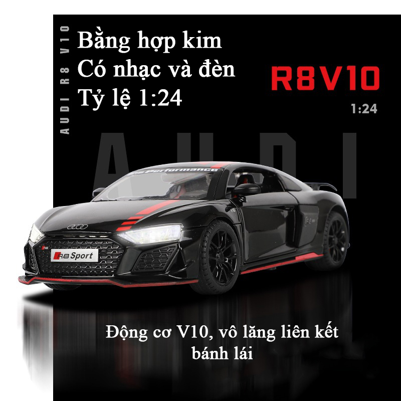 Mô hình xe ô tô Audi R8 động cơ V10 bằng hợp kim có nhạc và đèn tỷ lệ 1:24 vô lăng liên kết bánh lái