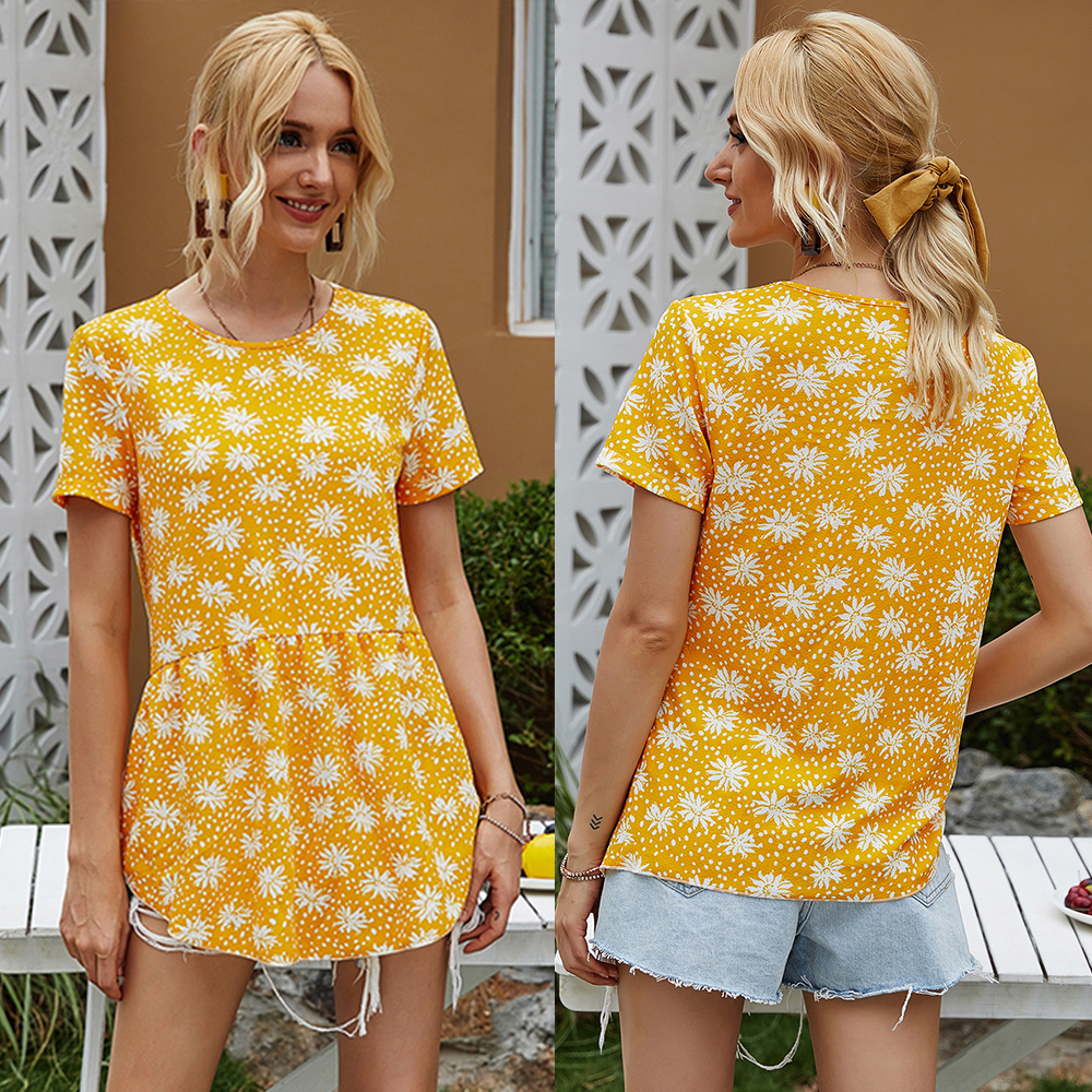 Women Summer Tops Floral Print O Neck Short Sleeves Loose Long Blouse Basic Tunic Beach Tops Yellow