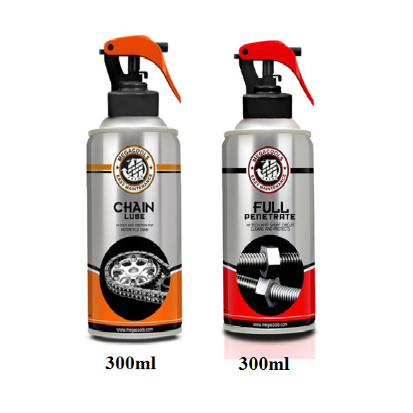 Combo chai bảo dưỡng sên Megacools Chain Lube 300ml và xịt vệ sinh sên Megacools 300ml- chuyên dùng cho xe sên xích trần, sên sích phốt cao su, xe Exciter, Winner, Sirius, mô tô PKL