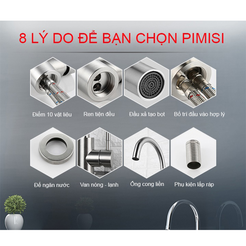 Vòi rửa bát nóng lạnh inox 304 Pimisi dùng cho chậu rửa chén bát trong nhà bếp gắn chậu - bàn đá, quay 360 độ dùng được cho chậu rửa chén 2 hố - đã kèm 2 sợi dây cấp nước | Hàng chính hãng