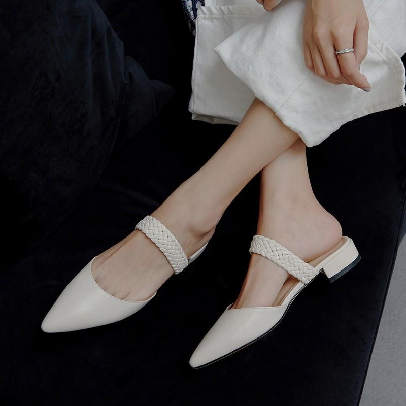 Giày cao gót thời trang mũi nhọn phối dây đan hở gót cao 2cm màu bò size lớn 40 41 42 43 44