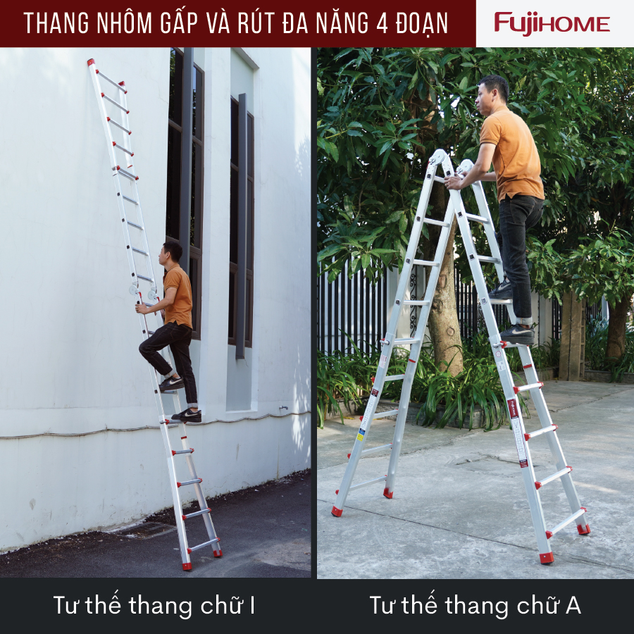 Thang nhôm gấp trượt đa năng FUJIHOME ML45, thang gấp 4 đoạn cao chữ A 2,5M, chữ I 5M, 5 kích thước sử dụng khóa chốt tự động - Hàng chính hãng