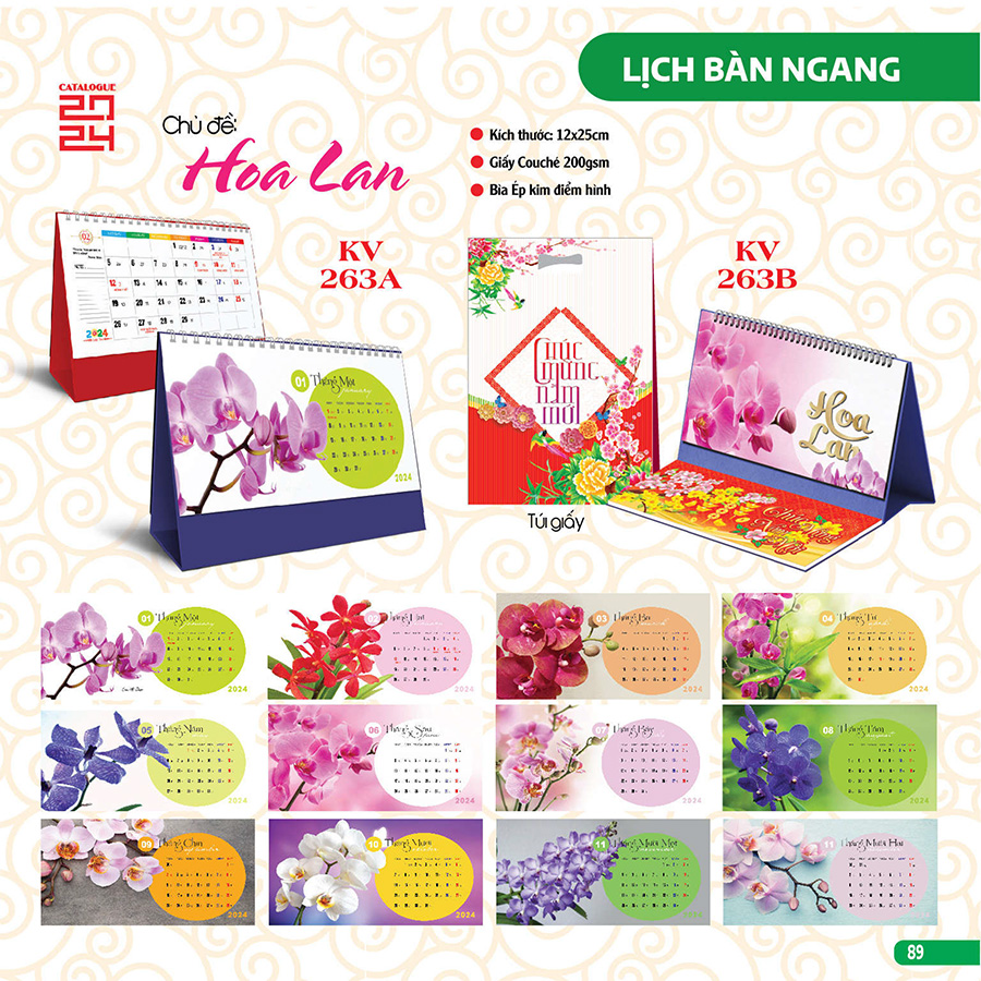 Lịch Tết 2024 - Lịch Để Bàn Ngang Chữ A 2024 (12 x 25 cm) - Đế Xanh Dương - Đế Đỏ (12 Mẫu) _KV