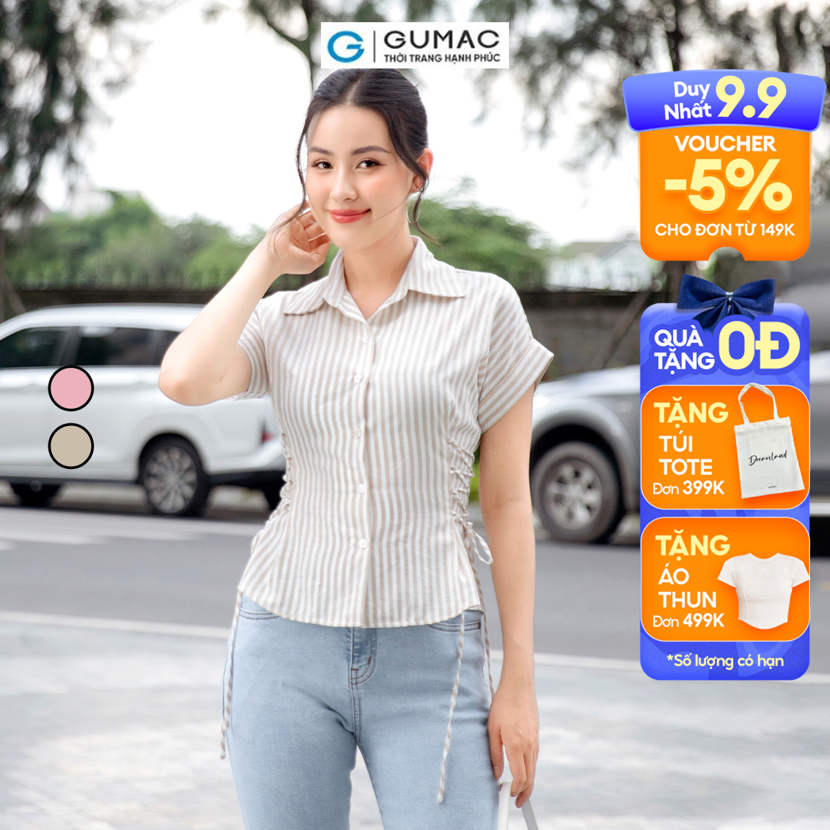 Áo kiểu dây thắt eo vải cotton mềm mát công sở đi tiệc sang trọng thời trang GUMAC AD09001