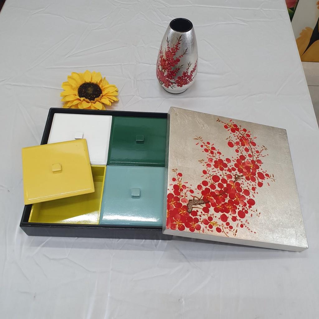 Hộp đựng bánh mứt sơn mài cao cấp Thanh Bình Lê, hộp vuông 4 ngăn