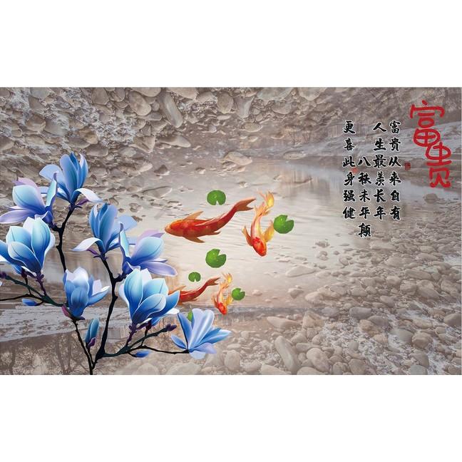 Tranh dán tường Hoa thủy tiên nổi bật và đàn cá chép phong phú, tranh 3d dán tường hiện đại MS624819
