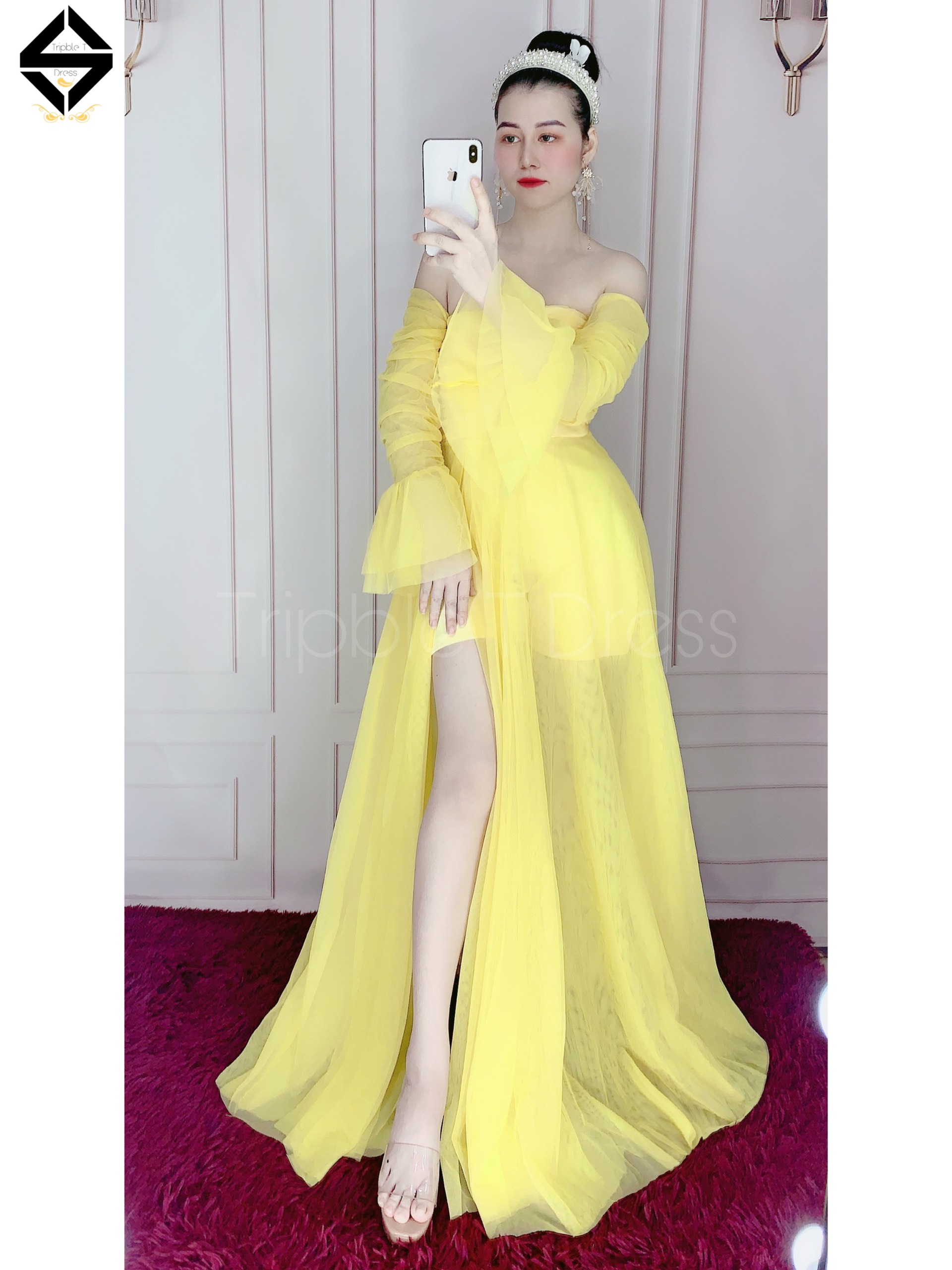 Đầm maxi dự tiệc tay loa xẻ đùi trễ vai lưới TRIPBLE T DRESS - size M/L - MS246V