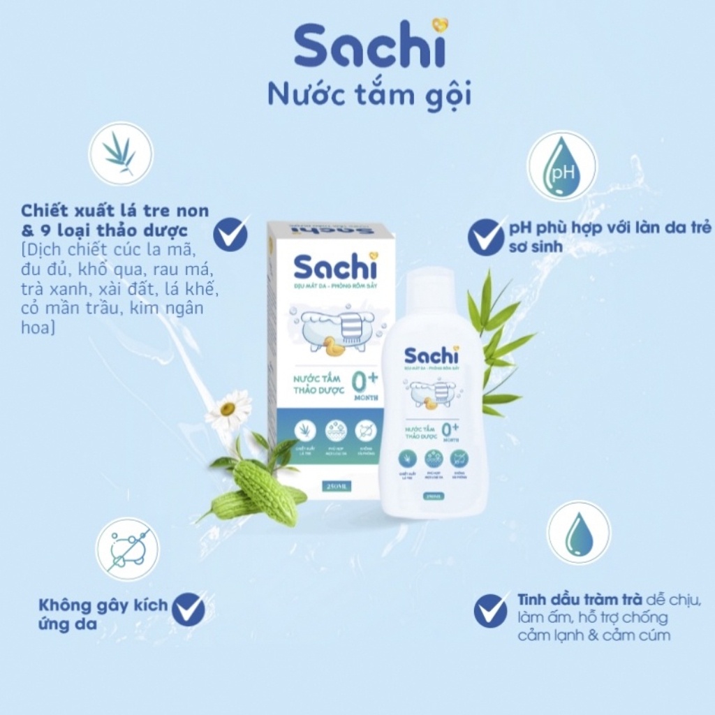 Nước tắm thảo dược SACHI dịu mát da, phòng rôm sảy, mẩn ngứa, hăm tã, bảo vệ làn da cho bé (Dạng gói)