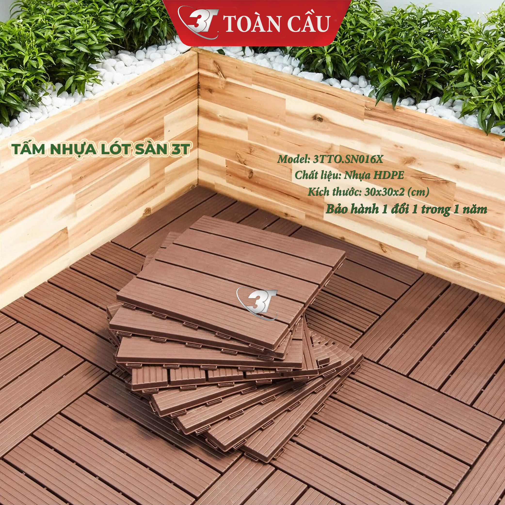 Tấm nhựa lót sàn ban công 3T-HDPE kích thước 30x30x2cm