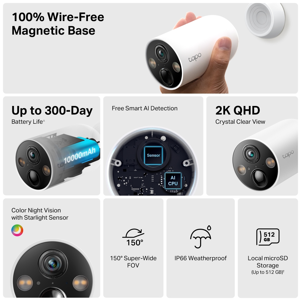 Camera WIFI ngoài trời TP-Link Tapo C425 | 2K 4MP | Đế nam châm | Pin 10KmAh | Cài đặt App Tapo | Bảo hành 2 năm | Hàng Chính Hãng
