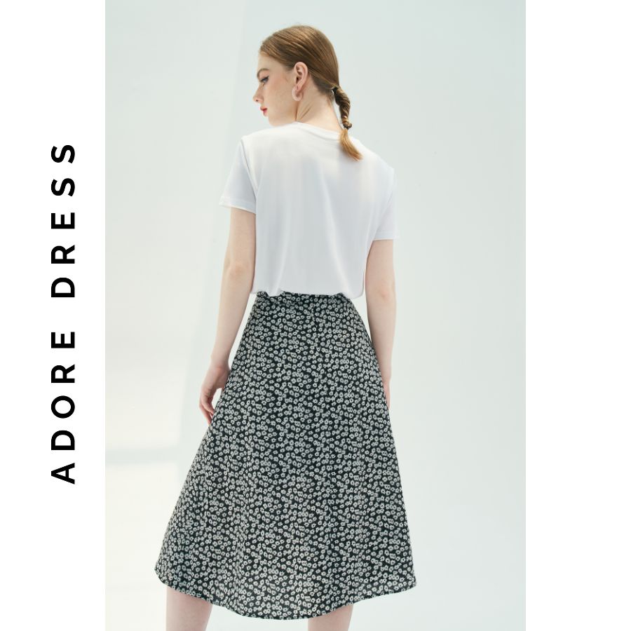 Chân váy Midi skirts casual style lụa chấm bi đỏ và hoa nhí đen  khuy dừa 311SK2017 ADORE DRESS