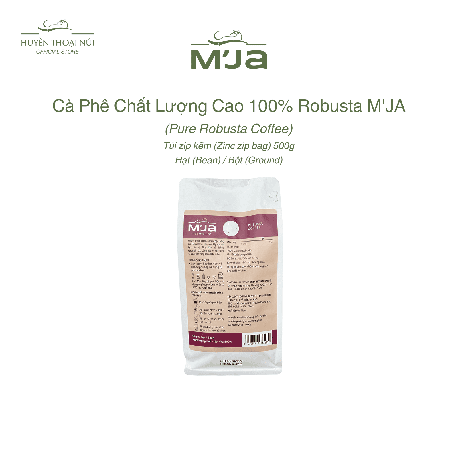 Cà Phê Chất Lượng Cao 100% Robusta M'JA - Hương Thơm Ca Cao, Hạt Phỉ, Vị Đắng Đậm - Túi Zip 500g