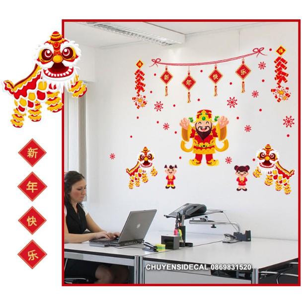 Decal trang trí Tết - Thần Tài Múa Lân Chúc Mừng Năm Mới
