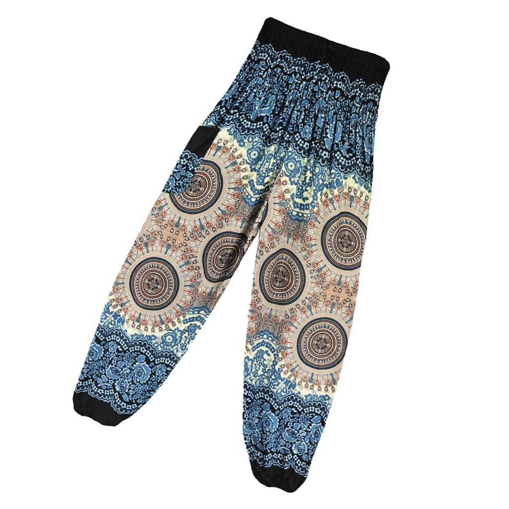 Women Smocked Waist Floral Rayon Yoga Boho Harem Pants, Breathable and White