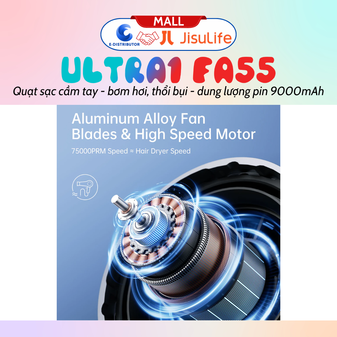 Quạt du lịch cầm tay đa năng Jisulife ULTRA1 FA55 quạt 18W, pin 6 giờ, bơm hơi, thổi bụi - Hàng chính hãng