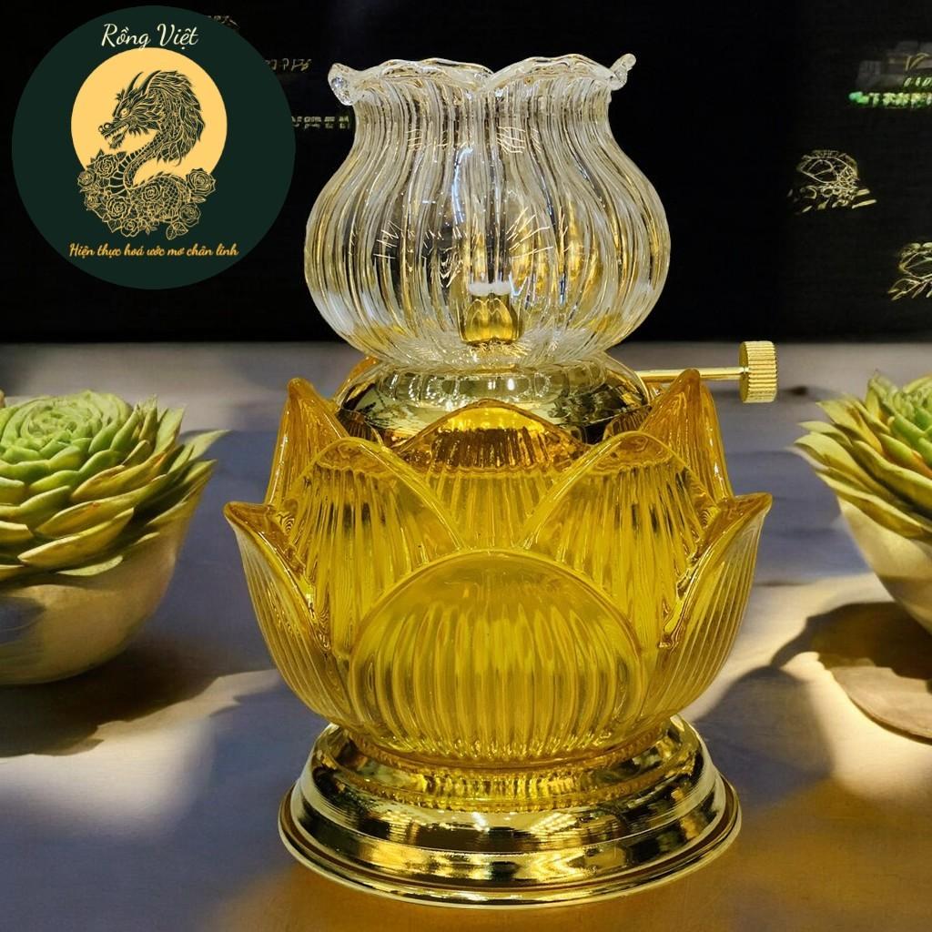 Đèn dầu hoa sen pha lê RỒNG VIỆT, Đèn lưu ly sang trọng có hai màu vàng trắng chân đồng - Vàng