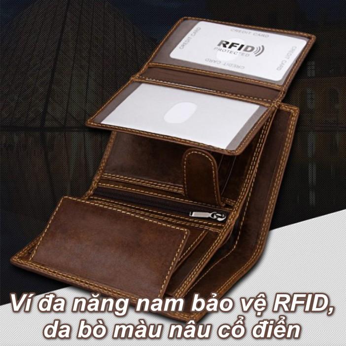 Ví đa năng nam bảo vệ RFID, da bò màu nâu cổ điển