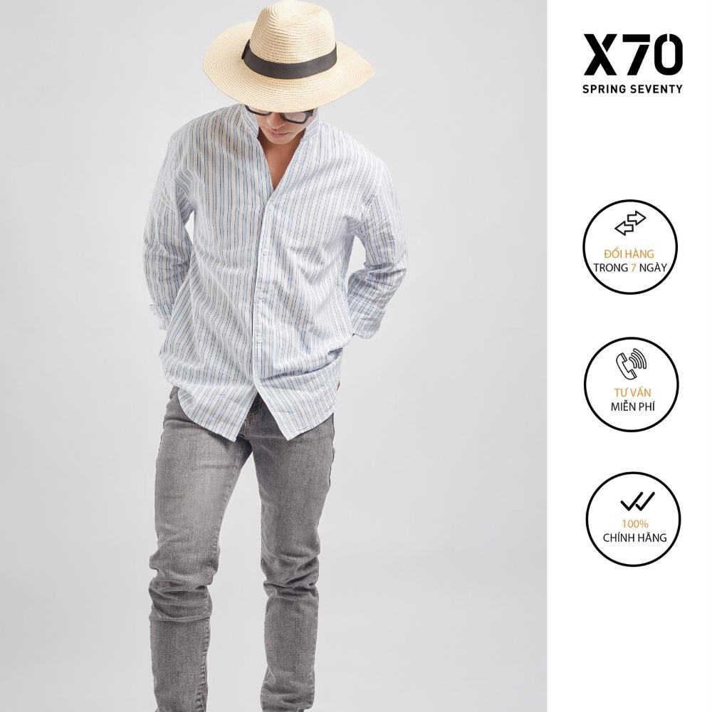 Áo Sơ Mi Nam Trơn Cổ Trụ Kiểu Dáng Tay Dài Thiết Kế Sọc Dọc Thời Trang X70 - 07640001