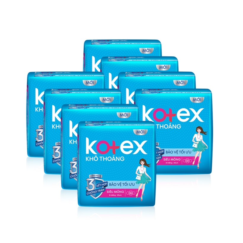 Combo 8 Gói Băng vệ sinh Kotex khô thoáng siêu mỏng cánh 23cm