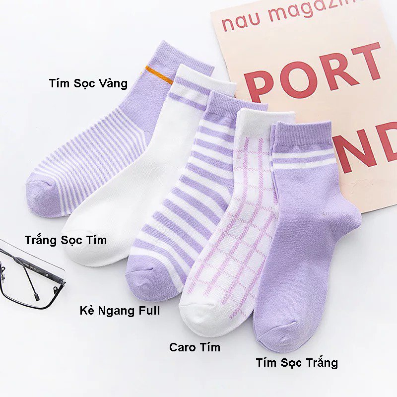 Set 3 Đôi Vớ tất nữ cổ cao phong cách Thể Thao Hàn Quốc Màu tím dễ thương TN64