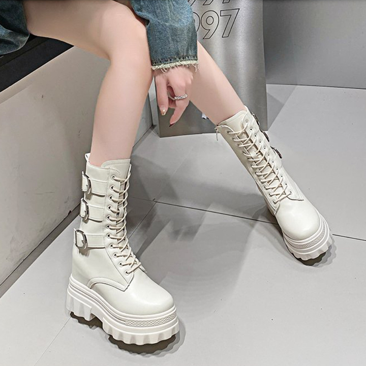 Giày Boots cổ lỡ 3 quai Đế xuồng 9.5cm PB590-4188 - Màu be - 36