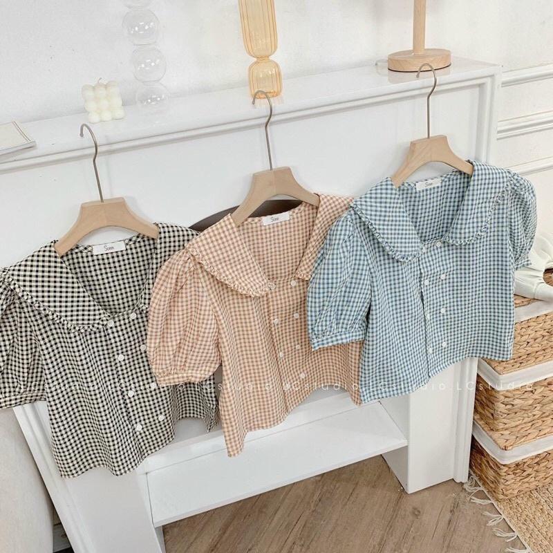 Áo kẻ cổ viền bèo