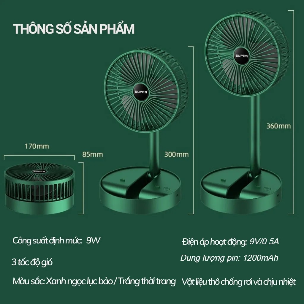 Quạt Tích Điện văn phòng Super Mini Để Bàn Gấp Gọn 3 Cấp Độ Có Thể Điều Chỉnh Độ Cao Cổng Sạc USB Siêu Tiện Lợi 2092