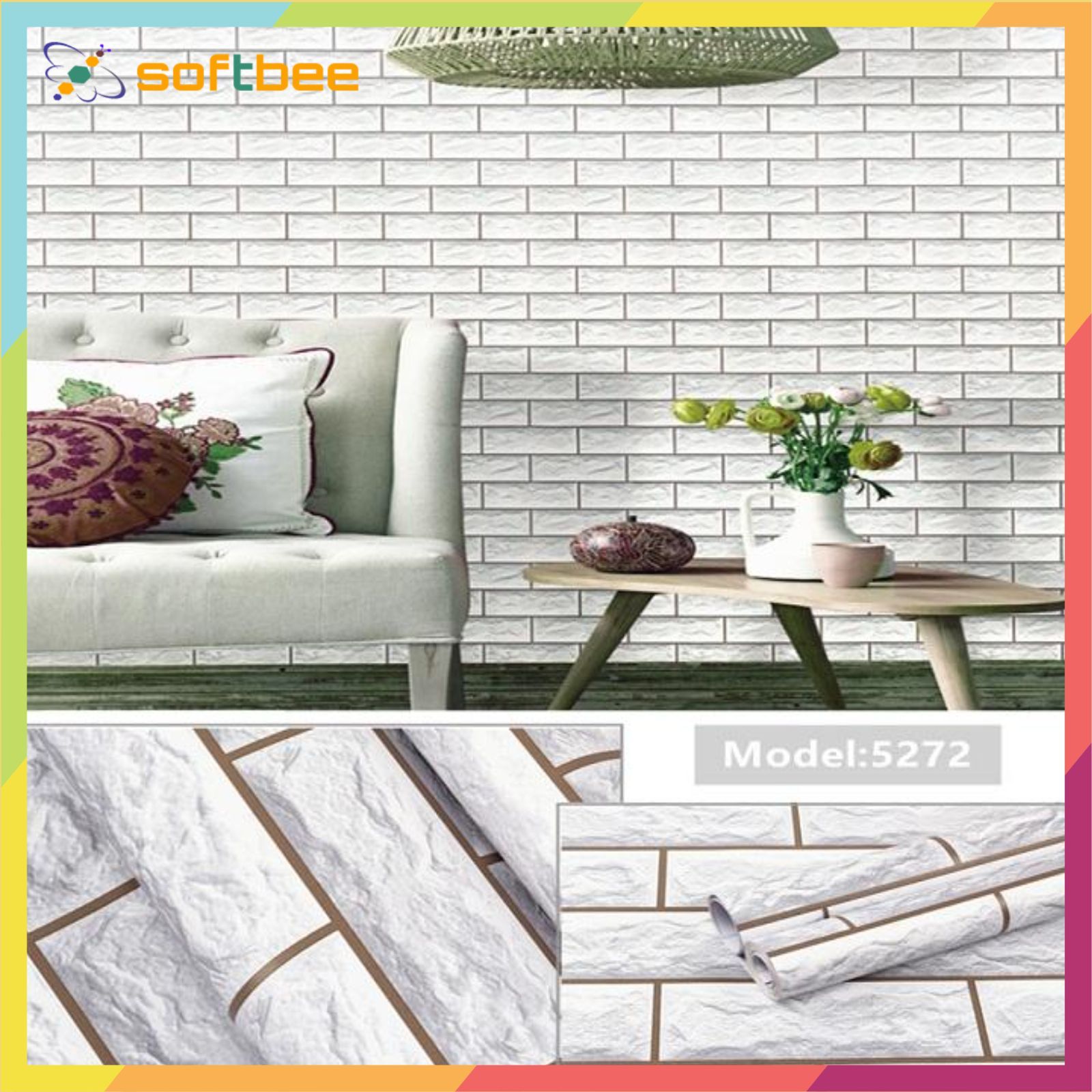 10m giấy dán tường có keo sẵn in hình gạch thẻ trắng, kích thước 0.45m x 10m / cuộn