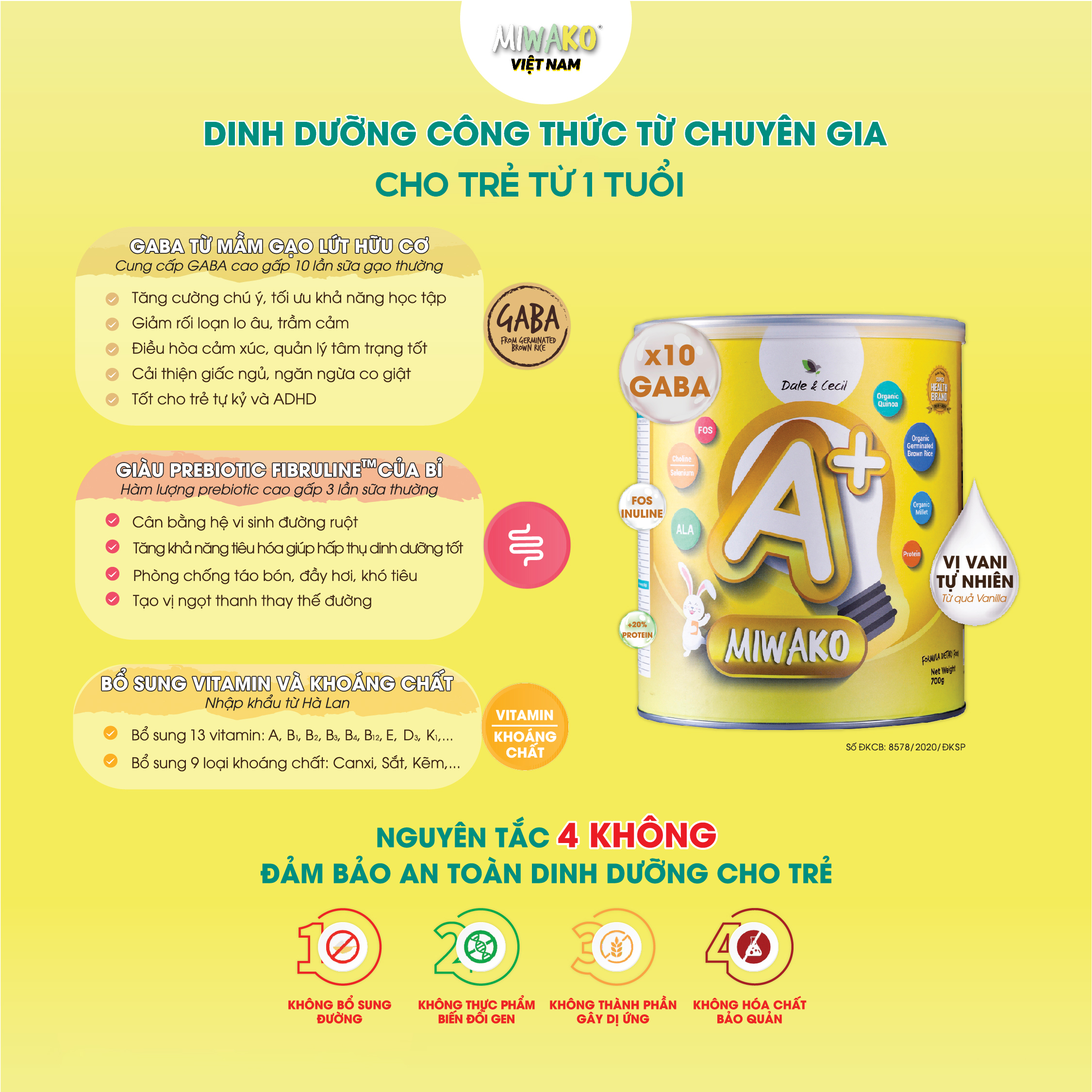 [Mua 4 Hộp Tặng 1 Hộp Vani 400g] Sữa Công Thức Hữu Cơ Miwako A+ Vị Vani Hộp 700g x 4 Hộp Dinh Dưỡng Hoàn Chỉnh Cho Bé