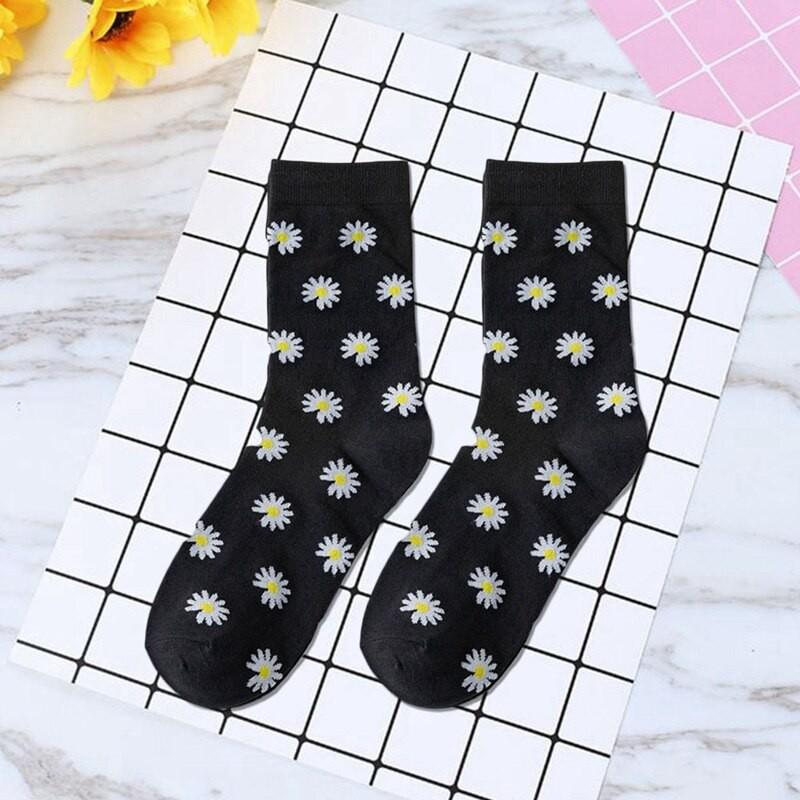 Set 5 Đôi Vớ Cổ Cao Màu Đen Họa Tiết Hoa Cúc