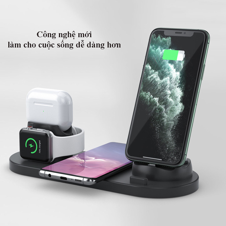 Đế sạc không dây đa năng 6 in 1, sạc nhanh không dây, dành cho iphone, sam sung, AirPods, Apple Watch...