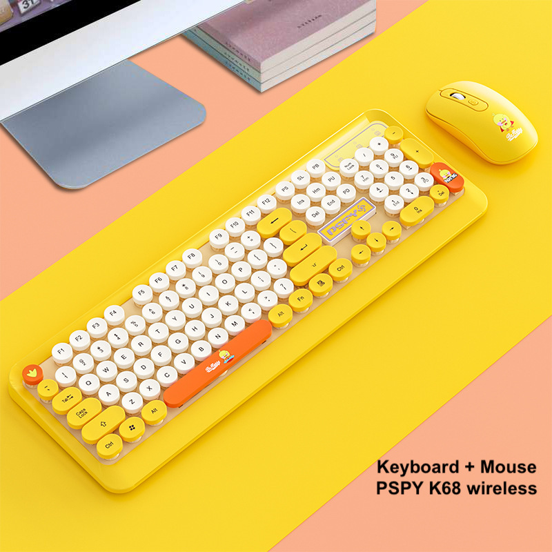 Combo Phím + Chuột PSPY K68 Cute không dây màu Vàng, Xanh, Đen, Keyboard Bluetooth văn phòng đẹp, chơi game chất lượng cao