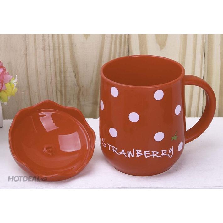 Ly Uống Nước Hình Dâu Tây Bằng Gốm Sứ Khử Chì - Size To Siêu Đẹp - Tặng Kèm Muỗng Và Ống Hút