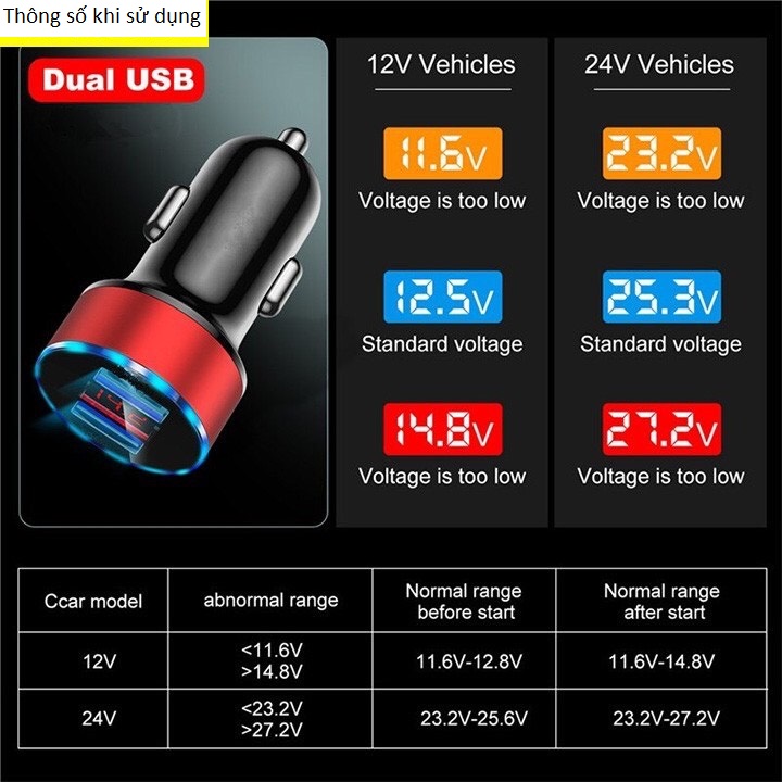 Tẩu sạc ô tô cao cấp 2 cổng USB