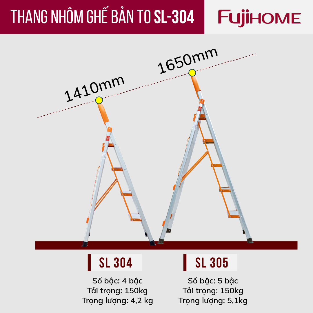 Thang ghế nhôm tay vịn chữ A bản to 4 bậc 1,4m xếp gọn Nhật Bản Fujihome chống trượt, Ghế thang chữ A thắp nhang gia đình đa năng rút gọn inox 1m4 mét step stool ladder