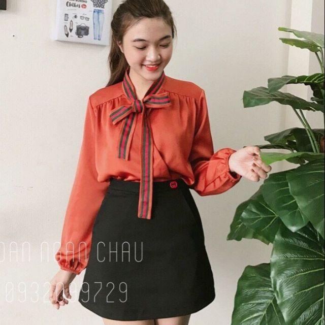 Áo kiểu tay dài cổ cột nơ phối viền hàng Quảng Châu