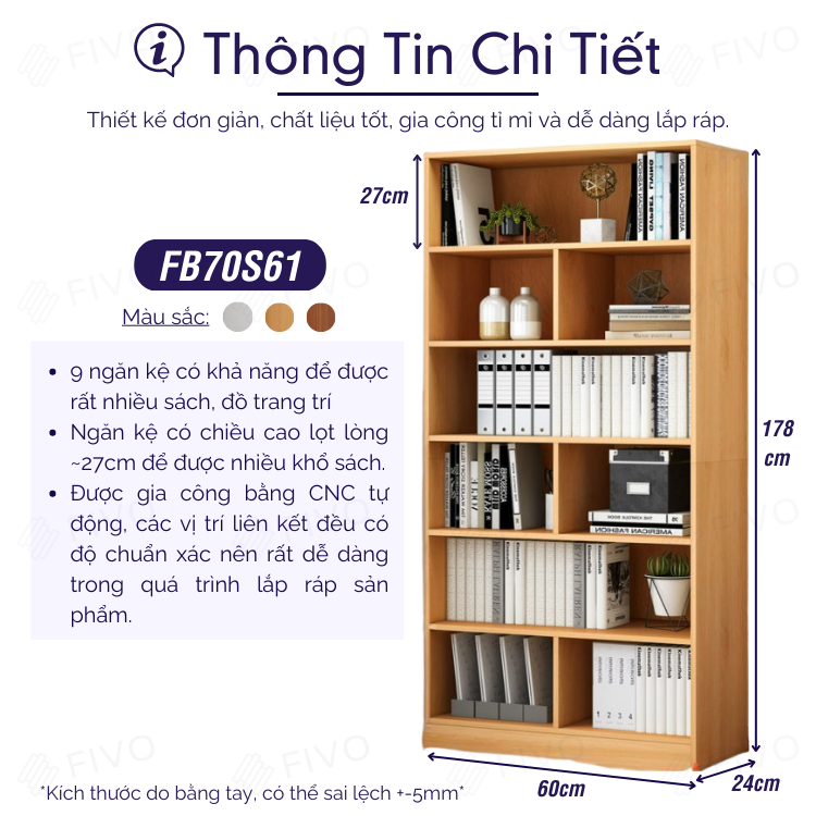 Kệ Sách Gỗ Để Sàn Đẹp FIVO Mã FB70 Chất Liệu Gỗ MDF Hàng Cao Cấp, Thiết Kế Nhỏ Gọn Vô Cùng Thanh Lịch, Kèm Tấm Lưng  (Kích thước 60x24x178cm)