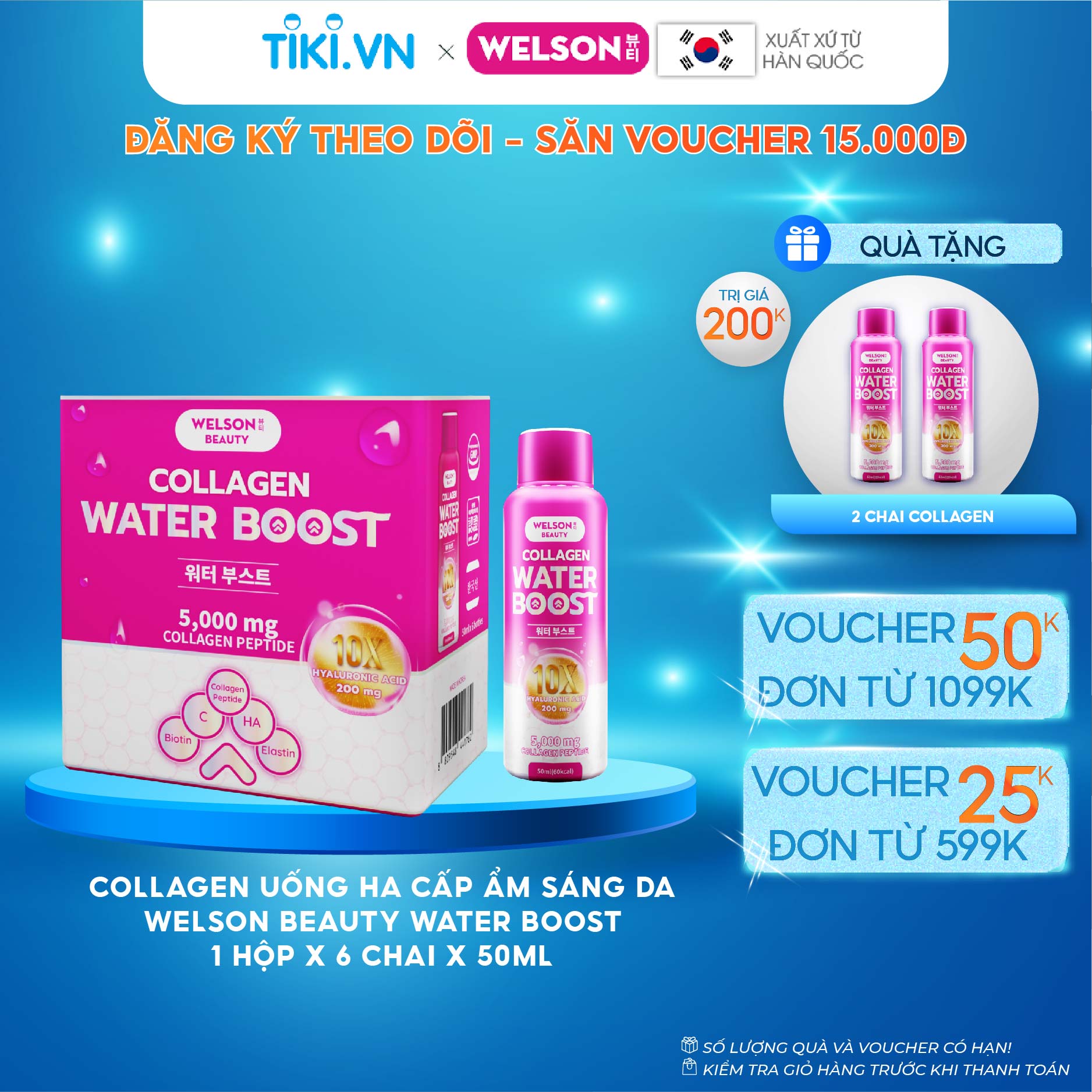 Collagen Uống Hyaluronic Acid Cấp Ẩm Sáng Da Welson Beauty Water Boost 6 chai x 50ml